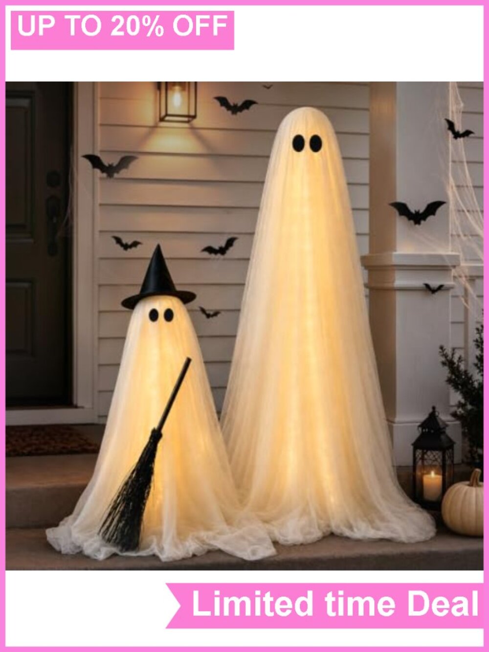 Light-Up Ghost & Witch Broom Halloween Yard Decor 2 Pack LED